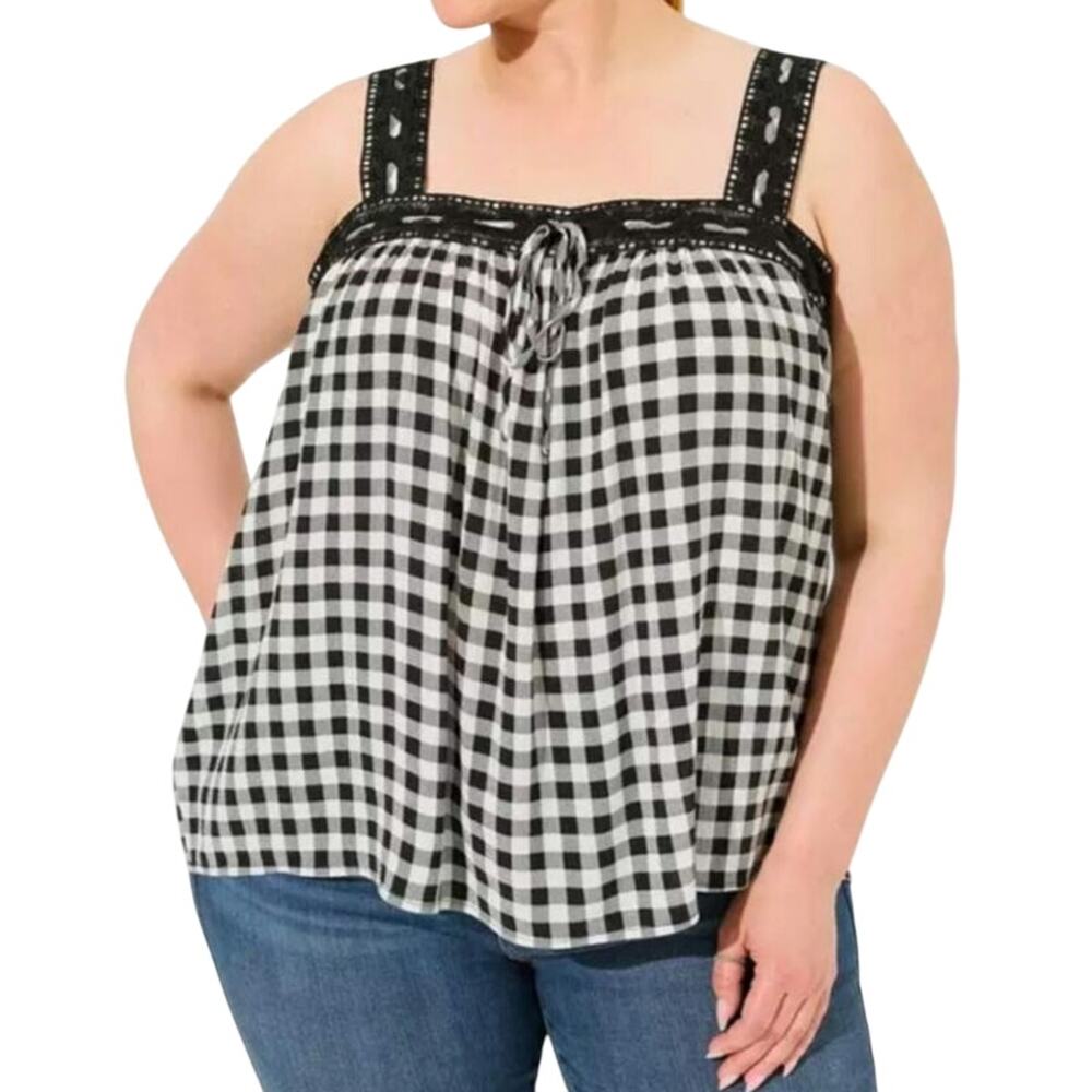 Torrid Cottage Boho Chic Black & White Gingham Gauze Crochet Lace Trim Tank
